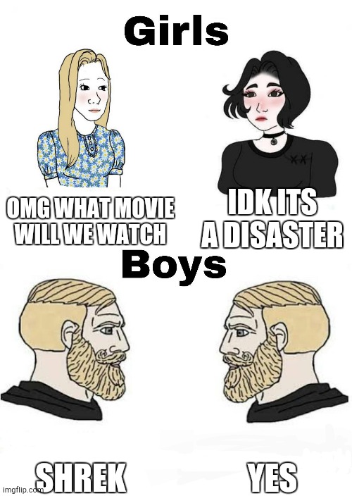 Girls vs Boys | OMG WHAT MOVIE WILL WE WATCH; IDK ITS A DISASTER; YES; SHREK | image tagged in girls vs boys | made w/ Imgflip meme maker