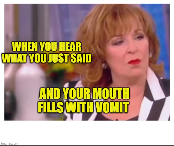 What A Joy | WHEN YOU HEAR WHAT YOU JUST SAID; AND YOUR MOUTH FILLS WITH VOMIT | image tagged in joys mouthful,vomit,despicable,the view,ugly woman,sickness | made w/ Imgflip meme maker