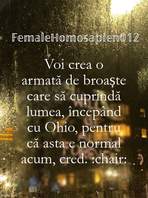 FemaleHomosapien012 | Voi crea o armată de broaște care să cuprindă lumea, începând cu Ohio, pentru că asta e normal acum, cred. :chair: | image tagged in femalehomosapien012 | made w/ Imgflip meme maker