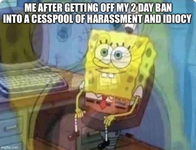 Y'all are mad because I'm right. You're all idiots | ME AFTER GETTING OFF MY 2 DAY BAN INTO A CESSPOOL OF HARASSMENT AND IDIOCY | image tagged in spongebob screaming inside | made w/ Imgflip meme maker
