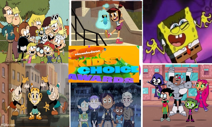 KCA 2023 Nominees | image tagged in the loud house,teen titans go,the owl house,cuphead,mocking spongebob,nickelodeon | made w/ Imgflip meme maker