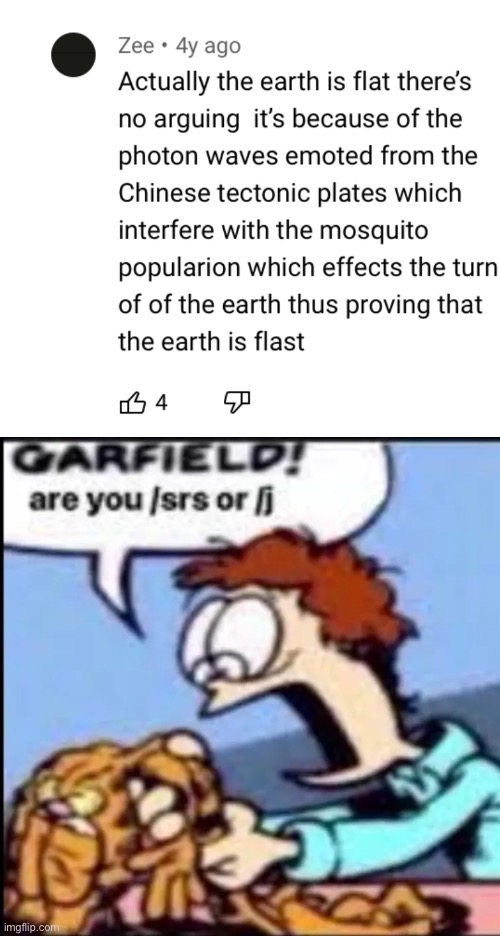 I cant tell if this mf is joking or not | image tagged in garfield are you /srs or /j | made w/ Imgflip meme maker