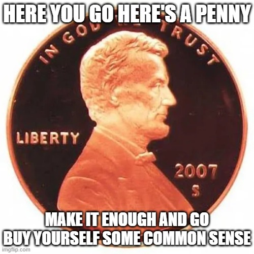 Seriously have some common sense u dumbass | HERE YOU GO HERE'S A PENNY; MAKE IT ENOUGH AND GO BUY YOURSELF SOME COMMON SENSE | image tagged in memes,penny,savage memes,common sense,dank memes,funny | made w/ Imgflip meme maker