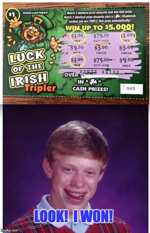 Big Winner | LOOK!  I WON! | image tagged in bad luck brian | made w/ Imgflip meme maker