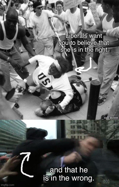 But guess what, fascism is always in the wrong so punch a Nazi. | Liberals want you to believe that she is in the right; and that he is in the wrong. | image tagged in fascism,liberal logic,nazis,liberals,racism,antifa | made w/ Imgflip meme maker
