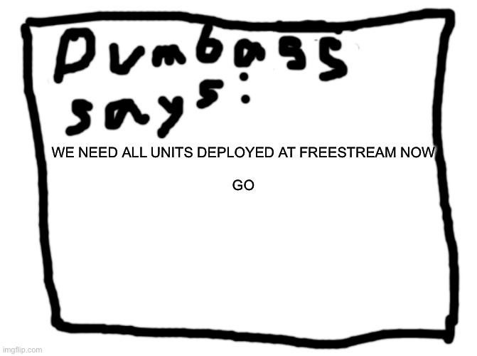 idk | WE NEED ALL UNITS DEPLOYED AT FREESTREAM NOW
 
GO | image tagged in idk | made w/ Imgflip meme maker