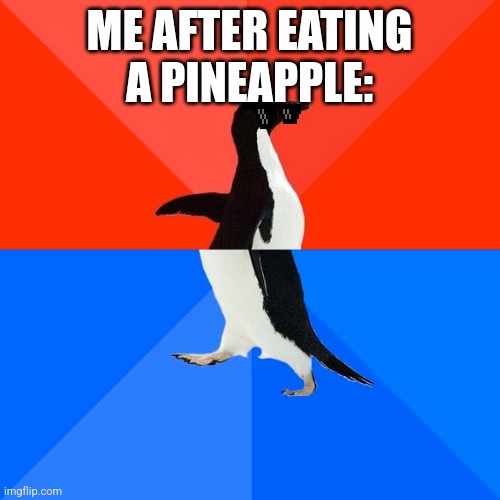 Me after eating a pineapple | ME AFTER EATING A PINEAPPLE: | image tagged in memes,socially awesome awkward penguin | made w/ Imgflip meme maker