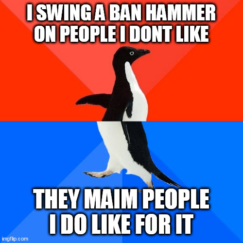 Socially Awesome Awkward Penguin | I SWING A BAN HAMMER ON PEOPLE I DONT LIKE; THEY MAIM PEOPLE I DO LIKE FOR IT | image tagged in memes,socially awesome awkward penguin | made w/ Imgflip meme maker