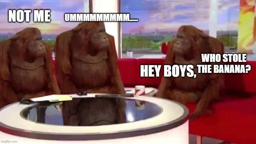 Monke Meeting for BANANA | NOT ME; UMMMMMMMMM..... WHO STOLE THE BANANA? HEY BOYS, | image tagged in where monkey | made w/ Imgflip meme maker