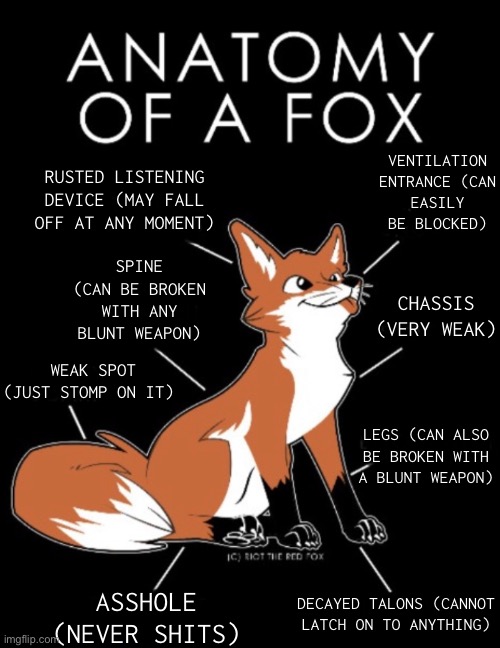 I remade a fatherless post to make the fox a ruined spring lock suit | VENTILATION ENTRANCE (CAN EASILY BE BLOCKED); RUSTED LISTENING DEVICE (MAY FALL OFF AT ANY MOMENT); SPINE (CAN BE BROKEN WITH ANY BLUNT WEAPON); CHASSIS (VERY WEAK); WEAK SPOT (JUST STOMP ON IT); LEGS (CAN ALSO BE BROKEN WITH A BLUNT WEAPON); DECAYED TALONS (CANNOT LATCH ON TO ANYTHING); ASSHOLE (NEVER SHITS) | image tagged in balls,anti furry,based,cry about it | made w/ Imgflip meme maker