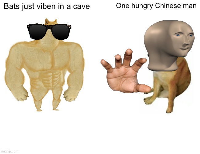 How covid started | Bats just viben in a cave; One hungry Chinese man | image tagged in memes,buff doge vs cheems | made w/ Imgflip meme maker