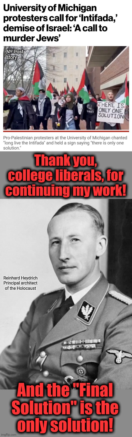 College liberals carrying on the work of the f--king Nazis | NY Post
story; Thank you, college liberals, for continuing my work! Reinhard Heydrich
Principal architect of the Holocaust; And the "Final
Solution" is the
only solution! | image tagged in memes,college liberal,holocaust,nazis,jews,antisemitism | made w/ Imgflip meme maker