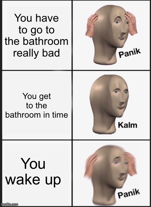 Meme | You have to go to the bathroom really bad; You get to the bathroom in time; You wake up | image tagged in memes,panik kalm panik | made w/ Imgflip meme maker