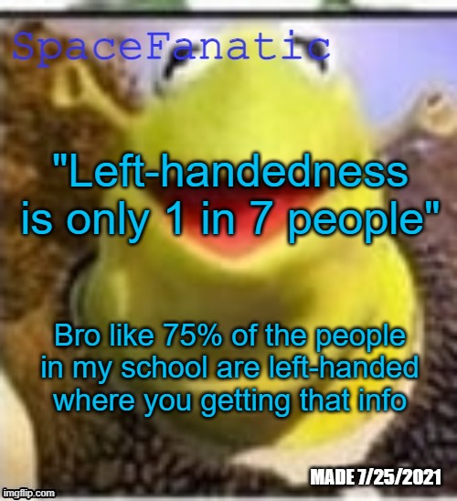 Ye Olde Announcements | "Left-handedness is only 1 in 7 people"; Bro like 75% of the people in my school are left-handed where you getting that info | image tagged in spacefanatic announcement temp | made w/ Imgflip meme maker