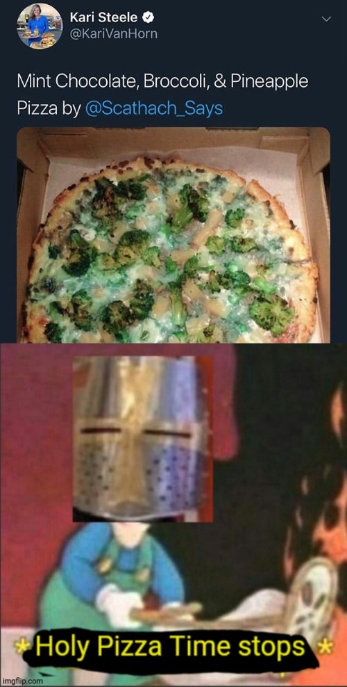 Mint chocolate, broccoli, and pineapple pizza | image tagged in holy pizza time stops,pizza,cursed image,memes,cursed,pizzas | made w/ Imgflip meme maker