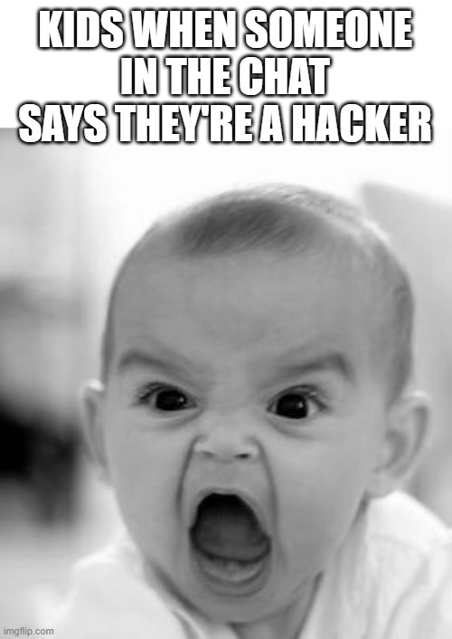 this use to be me XD | KIDS WHEN SOMEONE IN THE CHAT SAYS THEY'RE A HACKER | image tagged in memes,angry baby | made w/ Imgflip meme maker