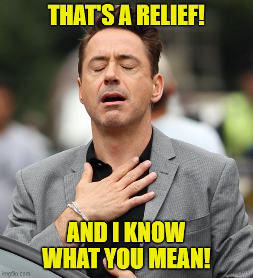 relieved rdj | THAT'S A RELIEF! AND I KNOW WHAT YOU MEAN! | image tagged in relieved rdj | made w/ Imgflip meme maker