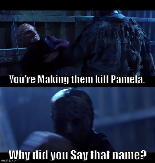 freddy vs jason | You're Making them kill Pamela. Why did you Say that name? | image tagged in why did you say that name | made w/ Imgflip meme maker
