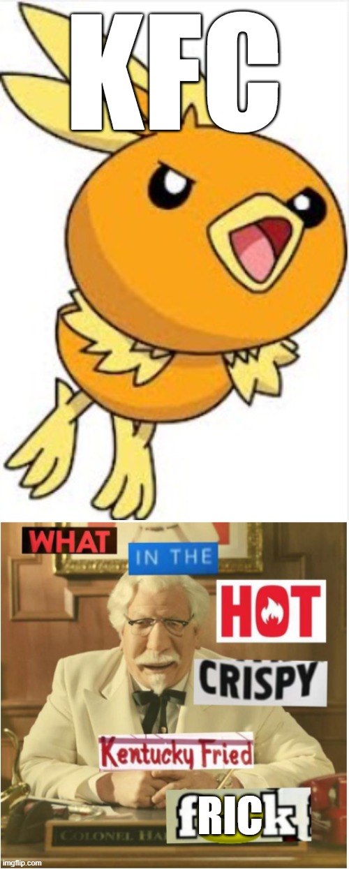 KFC; RIC | image tagged in torchic,what in the hot crispy kentucky fried frick censored | made w/ Imgflip meme maker