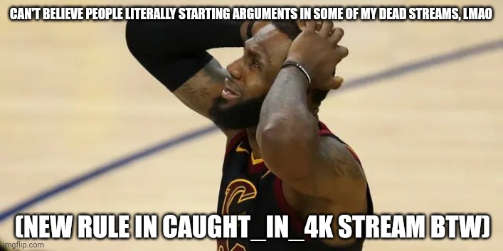 Bro flagged my comments even when I was telling him to not argue, which don't break tos lol | CAN'T BELIEVE PEOPLE LITERALLY STARTING ARGUMENTS IN SOME OF MY DEAD STREAMS, LMAO; (NEW RULE IN CAUGHT_IN_4K STREAM BTW) | image tagged in basketball player flabbergasted | made w/ Imgflip meme maker