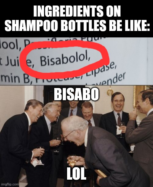 Bisabolol | INGREDIENTS ON SHAMPOO BOTTLES BE LIKE:; BISABO; LOL | image tagged in memes,laughing men in suits,shampoo | made w/ Imgflip meme maker