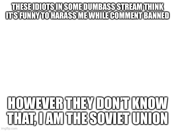 THESE IDIOTS IN SOME DUMBASS STREAM THINK IT’S FUNNY TO HARASS ME WHILE COMMENT BANNED; HOWEVER THEY DON’T KNOW THAT, I AM THE SOVIET UNION | image tagged in ussr | made w/ Imgflip meme maker