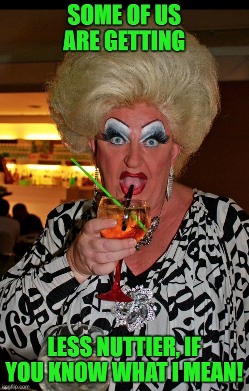 Ugly drag queen | SOME OF US ARE GETTING LESS NUTTIER, IF YOU KNOW WHAT I MEAN! | image tagged in ugly drag queen | made w/ Imgflip meme maker
