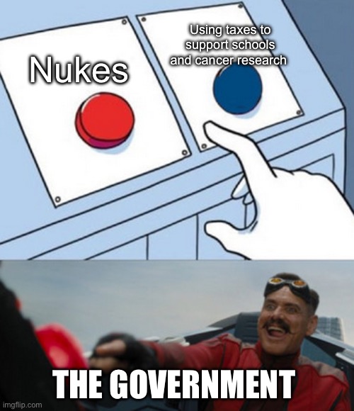 Government | Using taxes to support schools and cancer research; Nukes; THE GOVERNMENT | image tagged in dr eggman | made w/ Imgflip meme maker