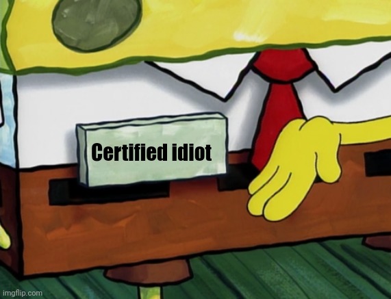 SpongeBob badge | Certified idiot | image tagged in spongebob badge | made w/ Imgflip meme maker