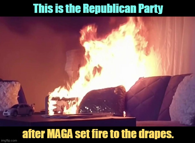 It may never recover. | This is the Republican Party; after MAGA set fire to the drapes. | image tagged in gop,republican party,maga,fire,burning | made w/ Imgflip meme maker