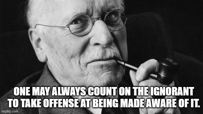 Carl Jung, father of analytic 
psychology. | ONE MAY ALWAYS COUNT ON THE IGNORANT TO TAKE OFFENSE AT BEING MADE AWARE OF IT. | image tagged in carl jung | made w/ Imgflip meme maker