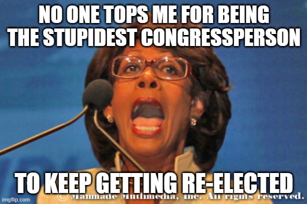 Maxine waters | NO ONE TOPS ME FOR BEING THE STUPIDEST CONGRESSPERSON TO KEEP GETTING RE-ELECTED | image tagged in maxine waters | made w/ Imgflip meme maker