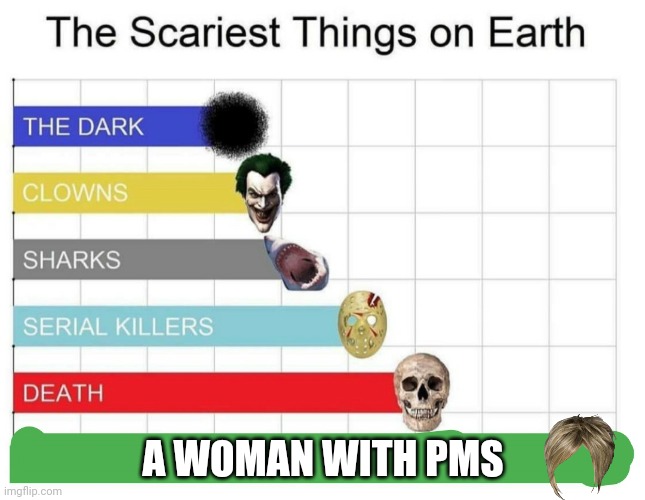 scariest things on earth | A WOMAN WITH PMS | image tagged in scariest things on earth | made w/ Imgflip meme maker