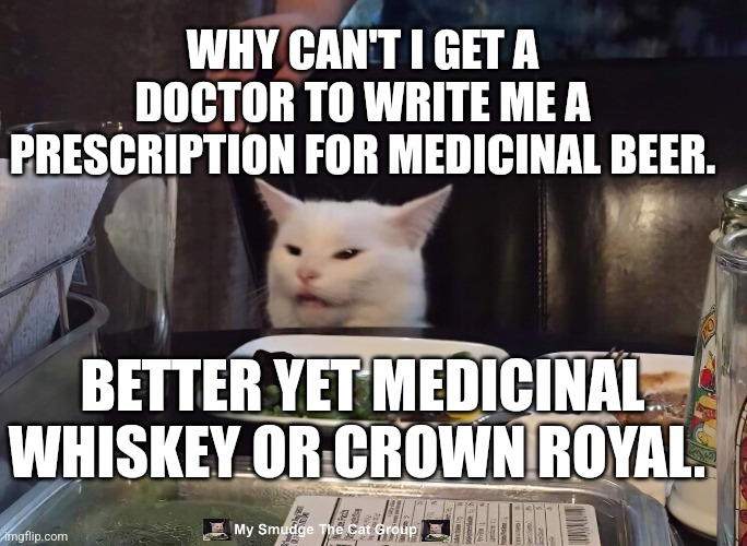 WHY CAN'T I GET A DOCTOR TO WRITE ME A PRESCRIPTION FOR MEDICINAL BEER. BETTER YET MEDICINAL WHISKEY OR CROWN ROYAL. | image tagged in smudge the cat | made w/ Imgflip meme maker