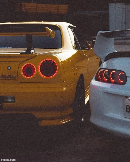 the two legends | image tagged in nissan skyline gt-r r34,mk4 toyota supra | made w/ Imgflip meme maker