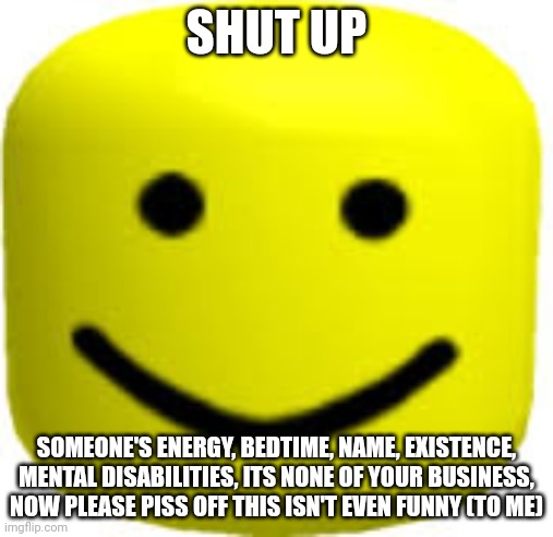 roblox big head | SHUT UP SOMEONE'S ENERGY, BEDTIME, NAME, EXISTENCE, MENTAL DISABILITIES, ITS NONE OF YOUR BUSINESS, NOW PLEASE PISS OFF THIS ISN'T EVEN FUNN | image tagged in roblox big head | made w/ Imgflip meme maker