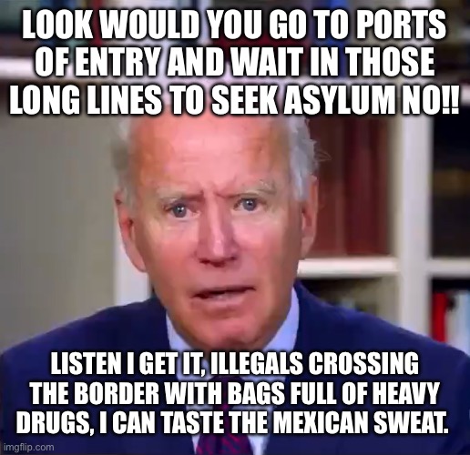 Slow Joe Biden Dementia Face | LOOK WOULD YOU GO TO PORTS OF ENTRY AND WAIT IN THOSE LONG LINES TO SEEK ASYLUM NO!! LISTEN I GET IT, ILLEGALS CROSSING THE BORDER WITH BAGS FULL OF HEAVY DRUGS, I CAN TASTE THE MEXICAN SWEAT. | image tagged in slow joe biden dementia face | made w/ Imgflip meme maker