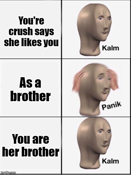 oH nO | You're crush says she likes you; As a brother; You are her brother | image tagged in reverse kalm panik,funny,memes,funny memes,fun,alabama | made w/ Imgflip meme maker