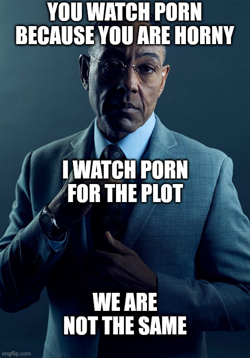 Gus Fring Grindset | YOU WATCH PORN BECAUSE YOU ARE HORNY; I WATCH PORN FOR THE PLOT; WE ARE NOT THE SAME | image tagged in gus fring we are not the same,we are not the same | made w/ Imgflip meme maker