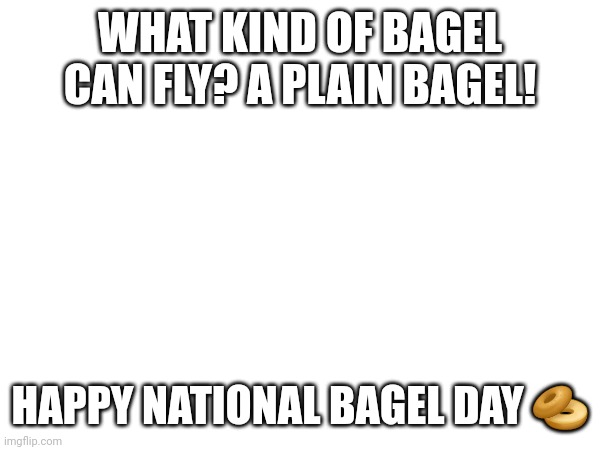 It bagel day!! | WHAT KIND OF BAGEL CAN FLY? A PLAIN BAGEL! HAPPY NATIONAL BAGEL DAY 🥯 | image tagged in bagels,holidays | made w/ Imgflip meme maker