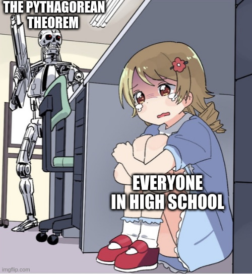 MATH AAAAAAAAAAAAAAAAAAAA | THE PYTHAGOREAN THEOREM; EVERYONE IN HIGH SCHOOL | image tagged in anime girl hiding from terminator,math | made w/ Imgflip meme maker