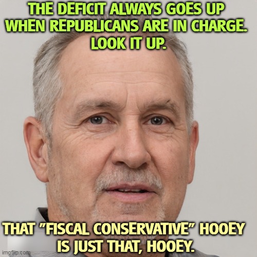 No, they are not fiscal conservatives. | THE DEFICIT ALWAYS GOES UP 
WHEN REPUBLICANS ARE IN CHARGE. 
LOOK IT UP. THAT "FISCAL CONSERVATIVE" HOOEY 
IS JUST THAT, HOOEY. | image tagged in republicans,debt,deficit,national debt,bull,conservative | made w/ Imgflip meme maker