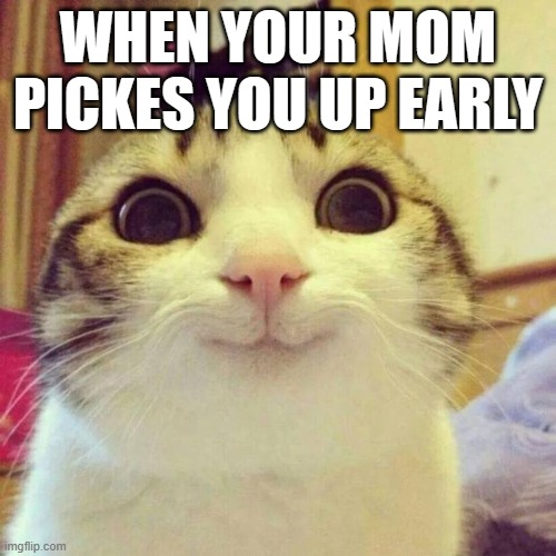 Smiling Cat Meme | WHEN YOUR MOM PICKES YOU UP EARLY | image tagged in memes,smiling cat | made w/ Imgflip meme maker