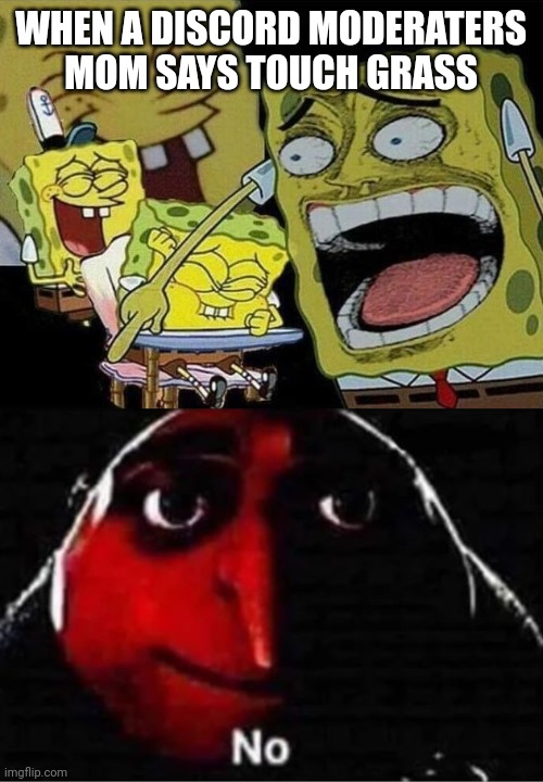 WHEN A DISCORD MODERATERS MOM SAYS TOUCH GRASS | image tagged in spongebob laughing hysterically,gru no | made w/ Imgflip meme maker