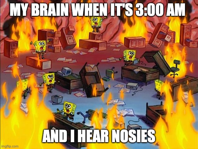 true story | MY BRAIN WHEN IT'S 3:00 AM; AND I HEAR NOSIES | image tagged in spongebob fire,relatable | made w/ Imgflip meme maker