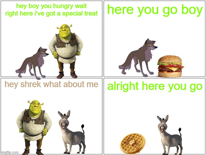 feeding balto | hey boy you hungry wait right here i've got a special treat; here you go boy; hey shrek what about me; alright here you go | image tagged in memes,blank comic panel 2x2,universal studios,dreamworks | made w/ Imgflip meme maker