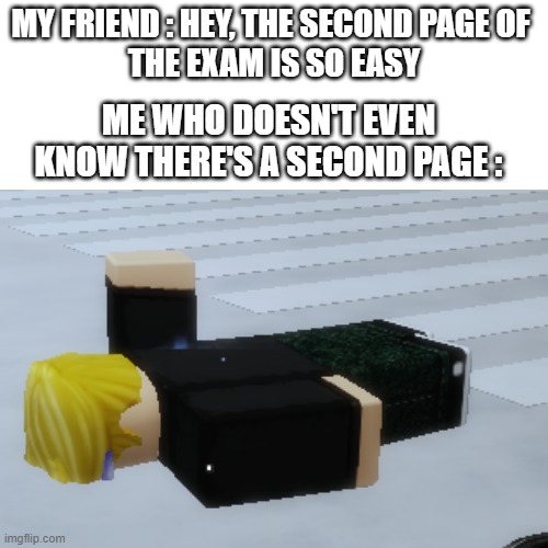 Fact | MY FRIEND : HEY, THE SECOND PAGE OF 
THE EXAM IS SO EASY; ME WHO DOESN'T EVEN KNOW THERE'S A SECOND PAGE : | image tagged in memes,roblox meme | made w/ Imgflip meme maker