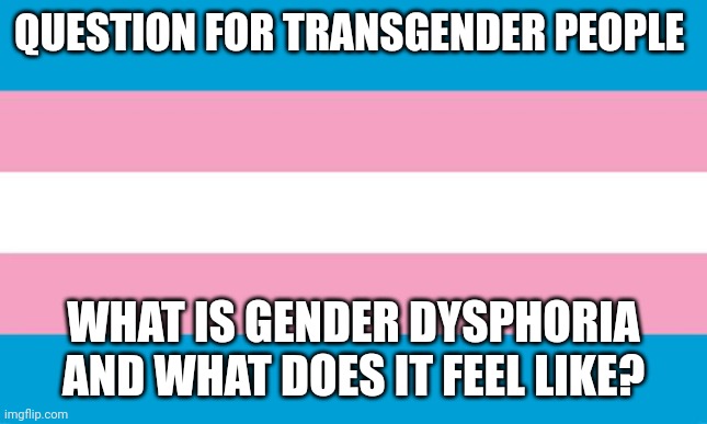 Transgender Flag | QUESTION FOR TRANSGENDER PEOPLE; WHAT IS GENDER DYSPHORIA AND WHAT DOES IT FEEL LIKE? | image tagged in transgender flag | made w/ Imgflip meme maker