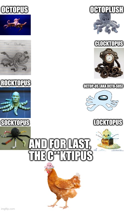 The 9 horsemen of Octopi | OCTOPLUSH; OCTOPUS; CLOCKTOPUS; ROCKTOPUS; OCTOP-US (AKA OCTO-SUS); LOCKTOPUS; SOCKTOPUS; AND FOR LAST, 
THE C**KTIPUS | image tagged in fun,memes,octopus,blank template | made w/ Imgflip meme maker