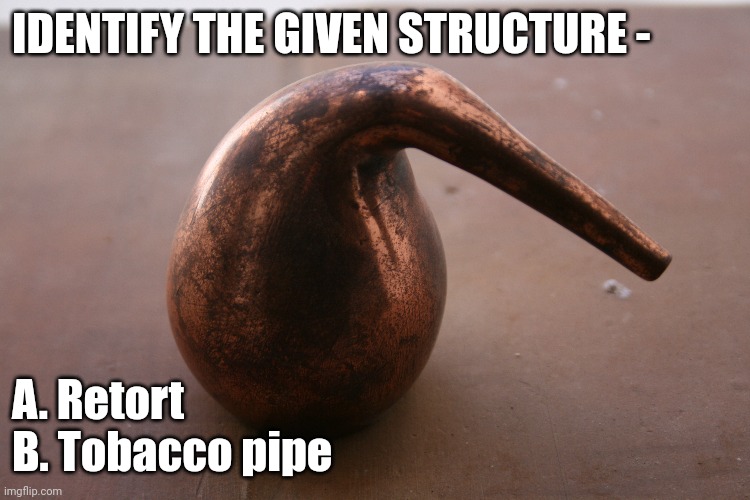 Dy | IDENTIFY THE GIVEN STRUCTURE -; A. Retort 
B. Tobacco pipe | image tagged in fun | made w/ Imgflip meme maker